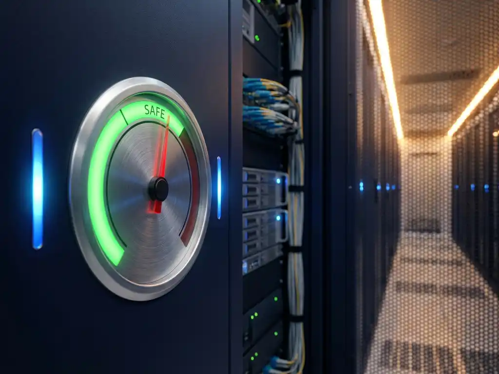 Digitale meter op serverrack-paneel met naald in groene zone, blauwe indicatorlampjes en kabelmanagement zichtbaar op de achtergrond.
