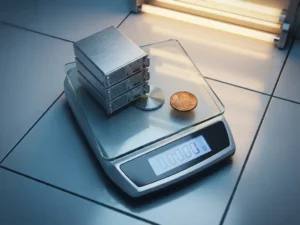Digitale weegschaal op serverruimtevloer met metalen databaseracks tegenover één koperen munt, staal-blauwe en amberkleurige tinten.