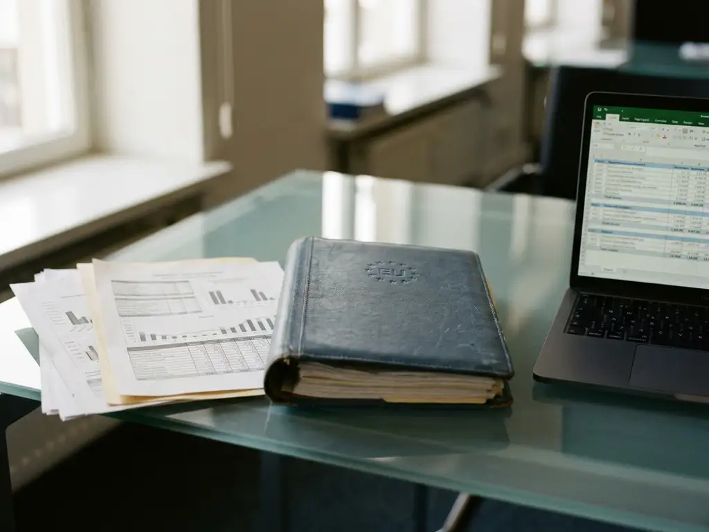 Opengeslagen compliance-map met EU-embleem op glazen bureau, omringd door data-uitdraaien en laptop met spreadsheet, kantoorlicht.