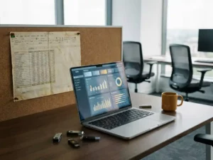 Verouderde Excel-uitdraai naast laptop met data-dashboard op modern bureaublad, met USB-sticks en koffiemok in kantooromgeving.