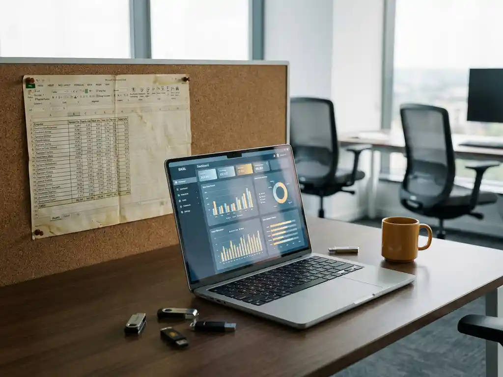 Verouderde Excel-uitdraai naast laptop met data-dashboard op modern bureaublad, met USB-sticks en koffiemok in kantooromgeving.