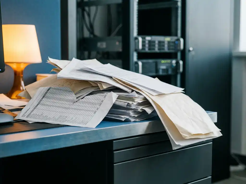 Uitgeprinte Excel-spreadsheet bedolven onder stapels papier op modern bureau, serverrack zichtbaar op achtergrond.