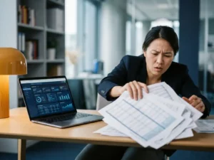 Professional schuift stapel uitgeprinte Excel-spreadsheets opzij op modern bureau, laptop toont overzichtelijk databasedashboard.