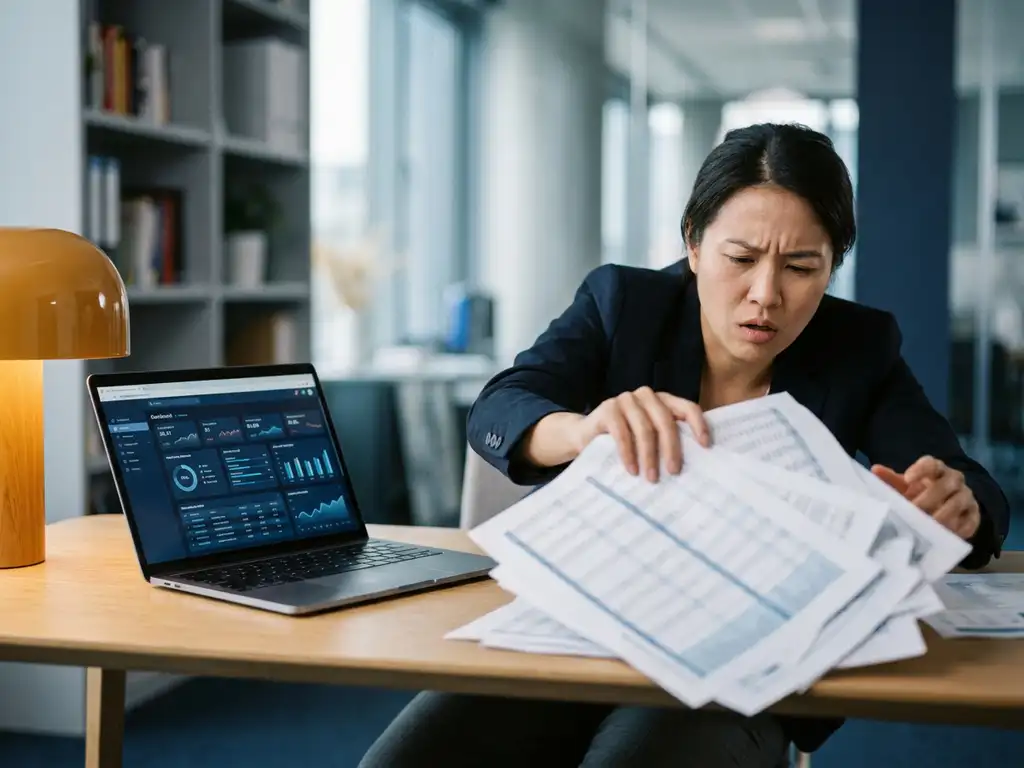 Professional schuift stapel uitgeprinte Excel-spreadsheets opzij op modern bureau, laptop toont overzichtelijk databasedashboard.
