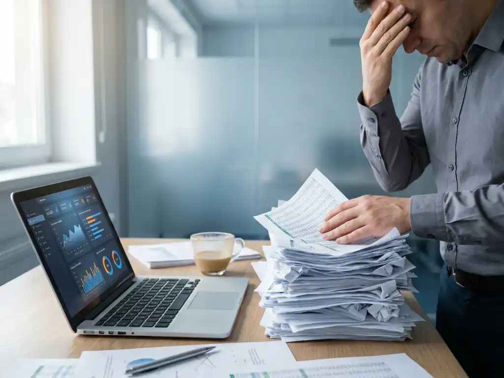 Professional duwt stapel uitgeprinte Excel-spreadsheets opzij op modern bureau, laptop met database-dashboard open naast halfleeg koffiekopje.