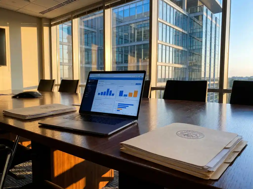 Gemeentelijk gebouw weerspiegeld in vergadertafel met laptop met datadashboards en officiële overheidsdocumenten in middaglicht.