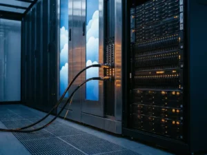Glasvezelkabels verbinden een cloud-serverrack met een opslagarray in een donkere datacentergang met amber indicatielichten.