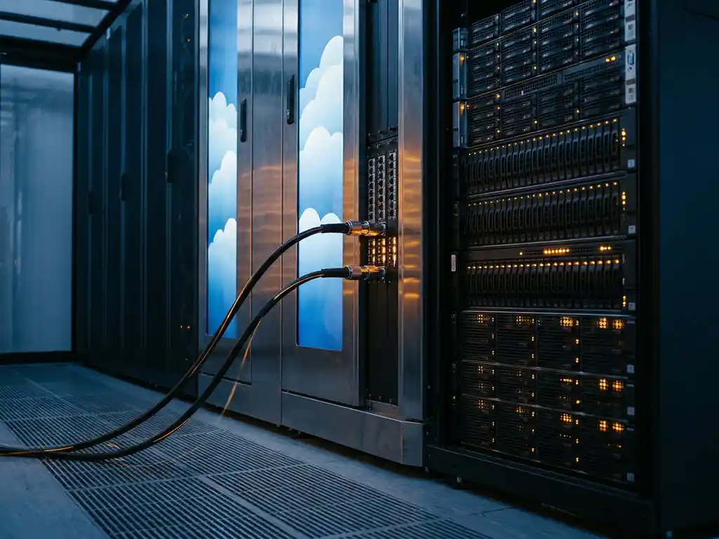 Glasvezelkabels verbinden een cloud-serverrack met een opslagarray in een donkere datacentergang met amber indicatielichten.