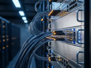 Bundel glasvezelkabels die samenkomen in een gepolijst serverrack, verlicht door scherp datacenterlight met blauwe en zilveren tinten.