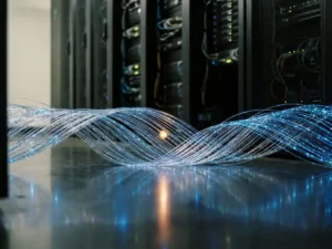 Lichtgevend netwerk van datadraden met centrale amber node op serverruimtevloer, badend in blauw en zilver licht.