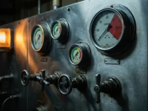 Industriële drukmeter met naald in het rode gevarengebied op stalen paneel, omgeven door kleppen en meters in amberkleurig waarschuwingslicht.