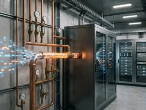 Industriële koperen leidingen en kleppen die samenkomen in een moderne serverrack, symboliserend datastromen in een datacenter.