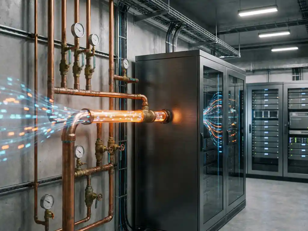 Industriële koperen leidingen en kleppen die samenkomen in een moderne serverrack, symboliserend datastromen in een datacenter.