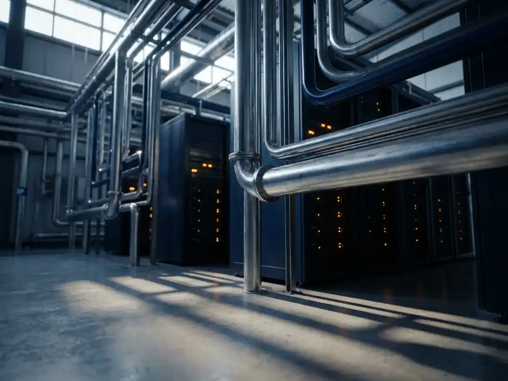 Vertakkend netwerk van stalen industriële leidingen op betonnen serverruimtevloer, verlicht met amber accentverlichting en scherpe geometrische schaduwen.