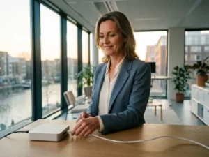 Zakelijke professional sluit kabel aan op compacte server in modern Nederlands kantoor met groot raam en warm middaglicht.