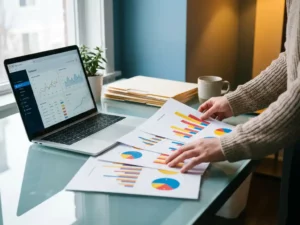 Kantoormedewerker rangschikt kleurrijke staaf- en taartdiagrammen op glazen bureau met laptop met dashboardgrafieken.