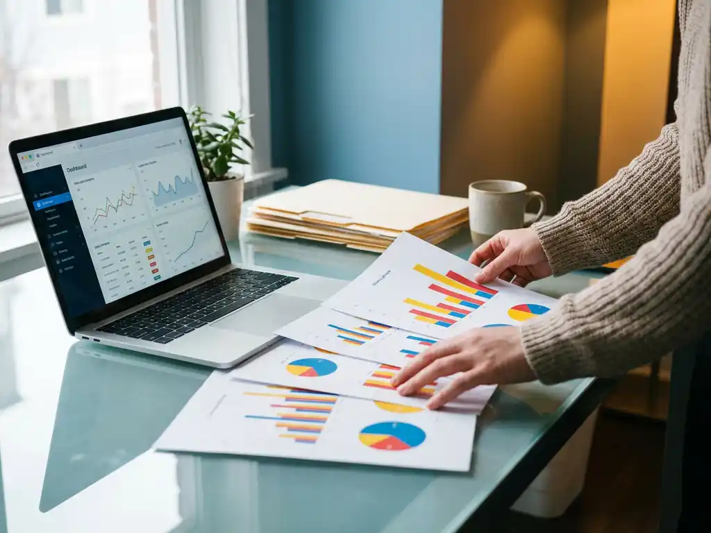 Kantoormedewerker rangschikt kleurrijke staaf- en taartdiagrammen op glazen bureau met laptop met dashboardgrafieken.
