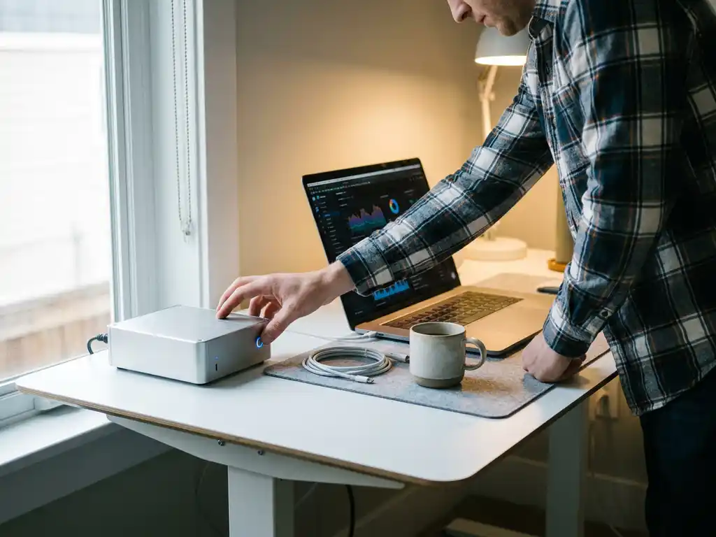 Ondernemer buigt zich over modern bureau met compacte server en laptop met datadashboards, natuurlijk kantoorlicht.