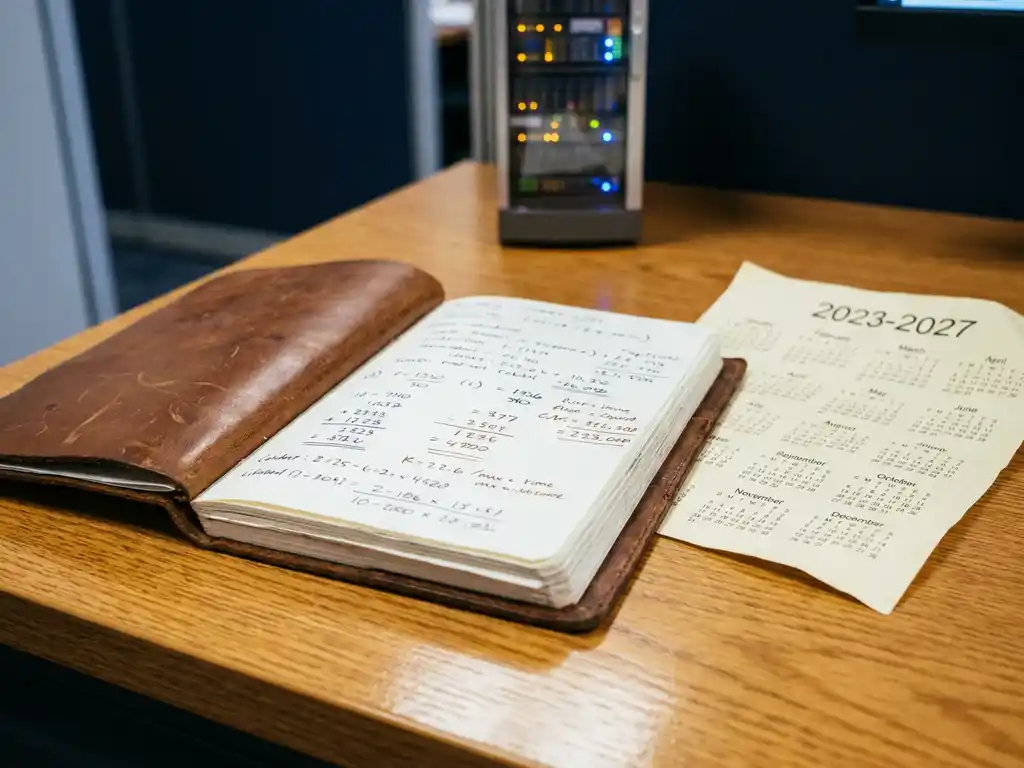 Versleten leren notitieboek met handgeschreven kostencalculaties op een eikenhouten bureau, naast een vijfjarenkalender en een serverrack op de achtergrond.