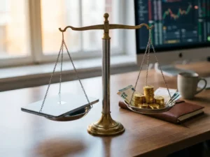 Weegschaal op kantoorbureau met laptop aan één kant en goudstukken met eurobiljetten aan de andere kant.