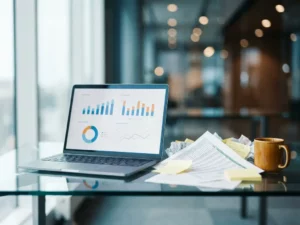 Laptop met dashboard-grafieken op glazen bureau, rommelige spreadsheets en sticky notes opzijgeschoven, koffiekopje ernaast, natuurlijk kantoorlicht.