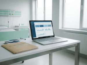 Microsoft Surface laptop met data-dashboard op klinisch bureau naast Nederlandse patiëntmap en stethoscoop in ziekenhuisomgeving.