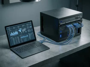 Laptop met data-dashboard naast een serverrack op betonnen bureau, verbonden via ethernetkabels in stalen blauwtinten.