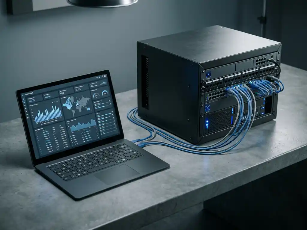 Laptop met data-dashboard naast een serverrack op betonnen bureau, verbonden via ethernetkabels in stalen blauwtinten.