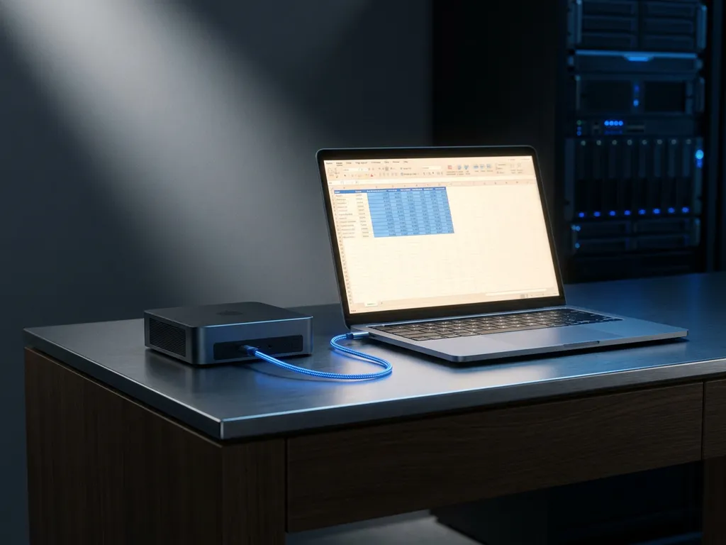 Laptop met spreadsheet verbonden via kabel aan compacte server op bureau, met serverrek op de achtergrond.