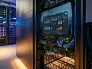 Microsoft Fabric dashboard weerspiegeld op glanzend serverrek in modern datacenter met kabelgeleiders en knipperende indicatielampjes.
