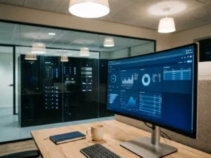 Microsoft Fabric dashboard op een monitor in een modern Nederlands kantoor, met serverracks achter een glazen wand en een koffiemok op het bureau.