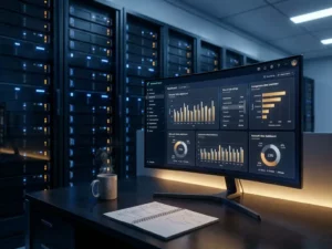 Microsoft Fabric dashboard op gebogen monitor in donkere serverruimte, met koffie en notitieboek op bureau.