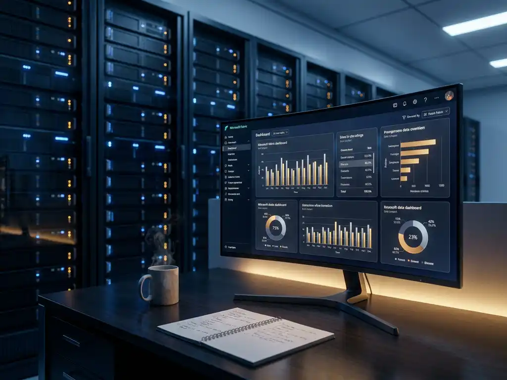 Microsoft Fabric dashboard op gebogen monitor in donkere serverruimte, met koffie en notitieboek op bureau.
