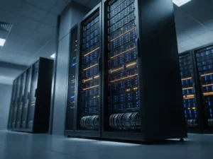 Serverrack met blauwe indicatielampjes in een donkere datacentergang, symboliseert Microsoft Fabric cloudinfrastructuur.