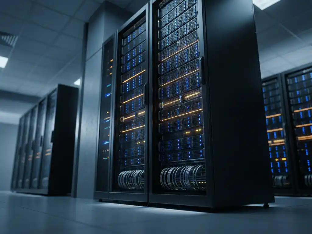 Serverrack met blauwe indicatielampjes in een donkere datacentergang, symboliseert Microsoft Fabric cloudinfrastructuur.
