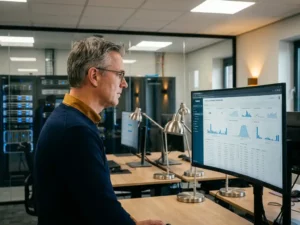 Senior database administrator bekijkt Microsoft Fabric governance dashboard op groot scherm, serverracks op achtergrond, modern kantoor Nieuwegein.
