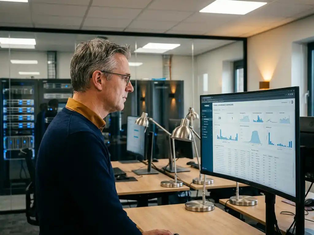 Senior database administrator bekijkt Microsoft Fabric governance dashboard op groot scherm, serverracks op achtergrond, modern kantoor Nieuwegein.