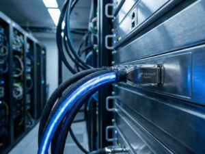 Industriële datakabels aangesloten op een serverrack in een donkere datacentergang, met elektrisch blauw oplichtende connector.