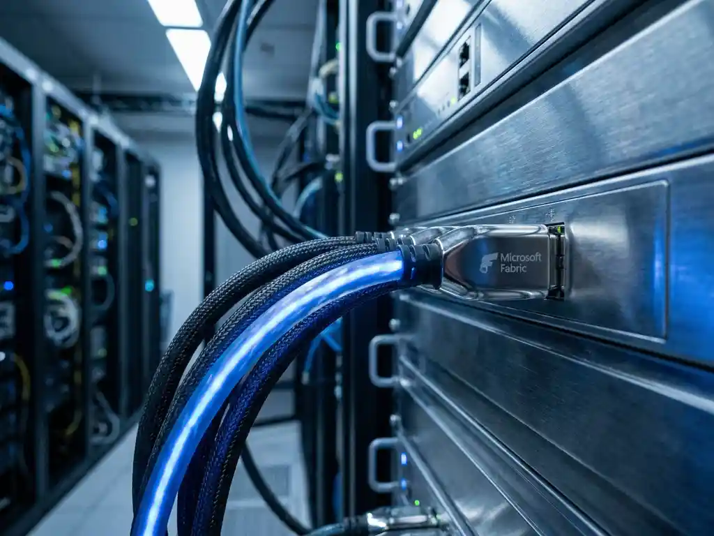 Industriële datakabels aangesloten op een serverrack in een donkere datacentergang, met elektrisch blauw oplichtende connector.