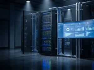 Enterprise serverrack met gloeiende statuslichten en Microsoft Fabric-dashboard op monitor, dramatische blauwe verlichting in donkere serverruimte.