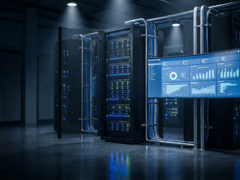 Enterprise serverrack met gloeiende statuslichten en Microsoft Fabric-dashboard op monitor, dramatische blauwe verlichting in donkere serverruimte.