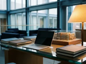 Microsoft Surface laptop op glazen bureau bij financiële instelling, omringd door boekhoudboeken en een schaalmodel van een bankgebouw.