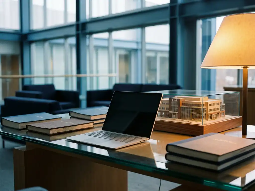 Microsoft Surface laptop op glazen bureau bij financiële instelling, omringd door boekhoudboeken en een schaalmodel van een bankgebouw.
