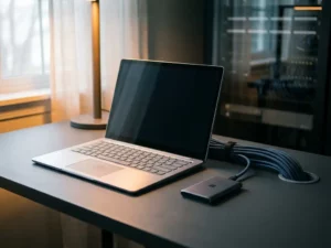Microsoft Surface laptop op minimalistisch bureau naast serverrack-kabels en compacte opslag, symbool voor geïntegreerde data-infrastructuur.