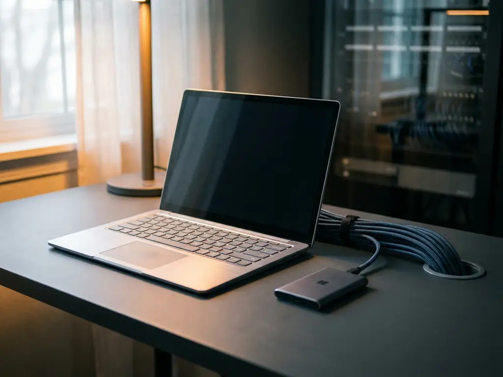 Microsoft Surface laptop op minimalistisch bureau naast serverrack-kabels en compacte opslag, symbool voor geïntegreerde data-infrastructuur.