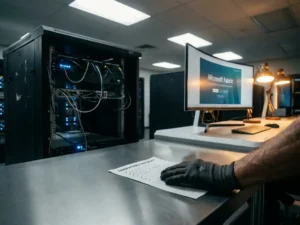 Verouderd serverrek naast moderne Microsoft Fabric-werkstation, technicus met migratiechecklist op bureau in datacenteromgeving.