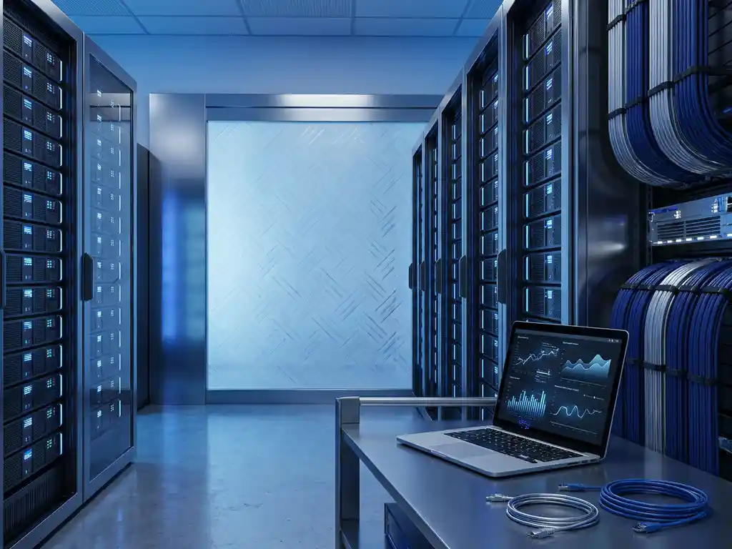 Moderne serverruimte met verlichte rack-servers, georganiseerd kabelmanagement in blauw en zilver, en laptop met datadashboards op werkbank.