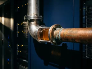 Industriële pijpen in serverruimte met overgang van verweerd koper naar modern geborsteld staal, zij-verlichting met scherpe schaduwen.