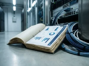 Open juridisch compliance-document op serverruimtevloer met data-dashboardrapport, ethernet-kabels en onscherp stalen serverrek op achtergrond.