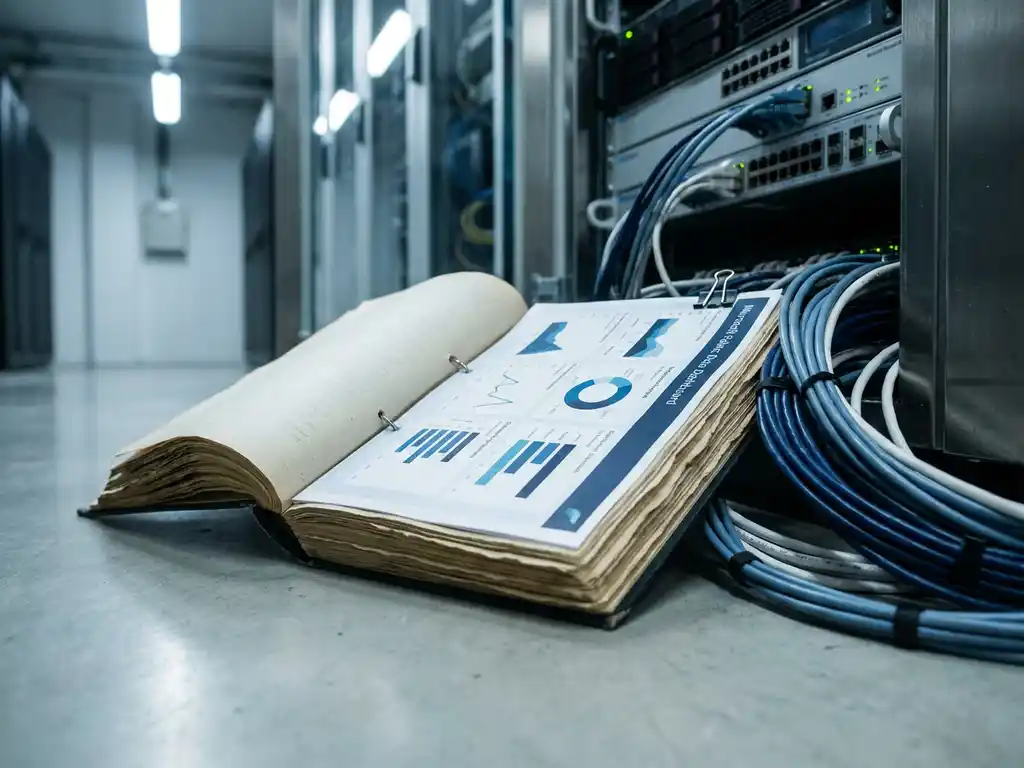 Open juridisch compliance-document op serverruimtevloer met data-dashboardrapport, ethernet-kabels en onscherp stalen serverrek op achtergrond.
